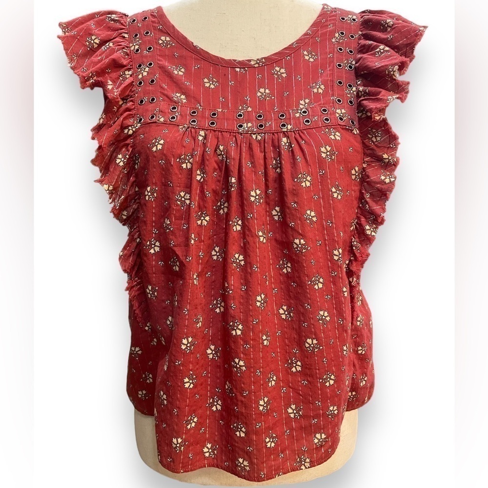 Abercrombie & Fitch Floral Flutter Sleeve Blouse Grommets, Rust/Silver Metallic